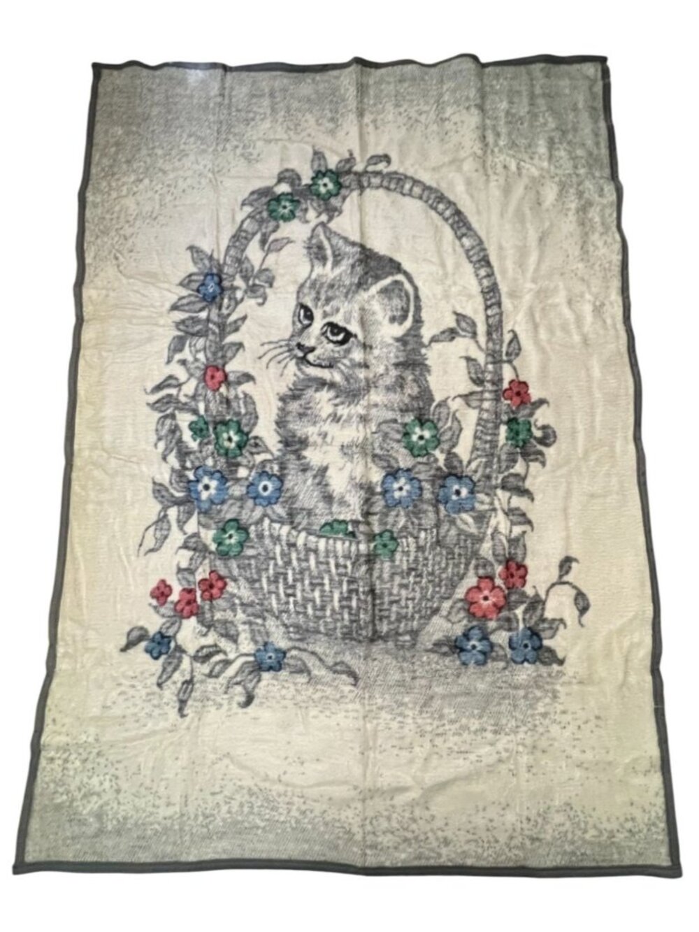 Biederlack Cat Basket Throw Super Soft Blanket 72x56 Gray Floral Vtg Kitty Lover